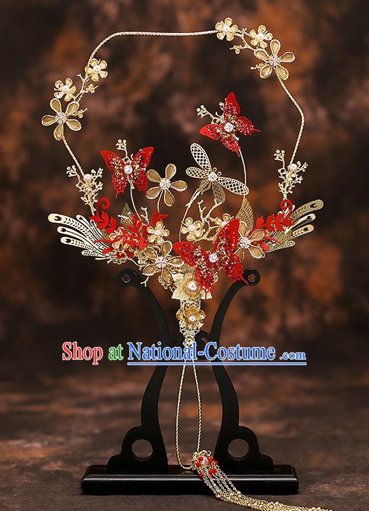 Chinese Traditional Wedding Prop Red Butterfly Fan Ancient Bride Palace Fans for Women