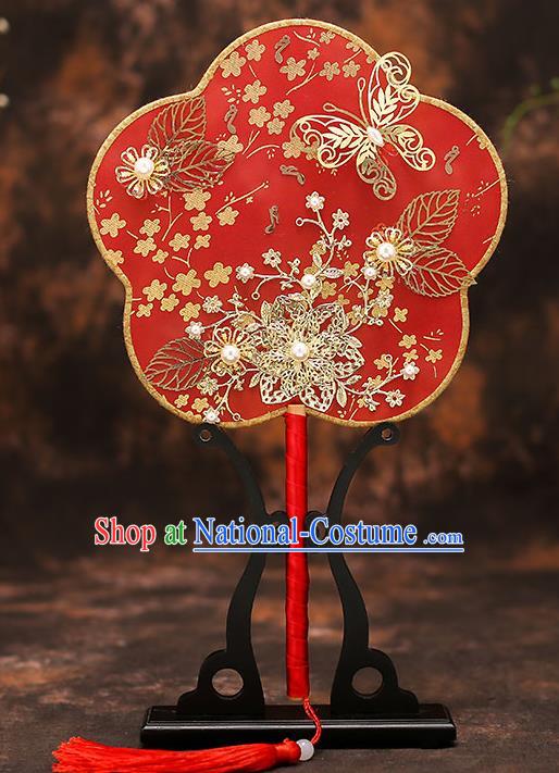 Chinese Traditional Wedding Prop Red Silk Plum Fan Ancient Bride Palace Fans for Women