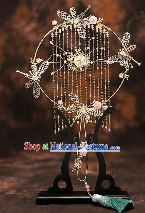 Chinese Traditional Wedding Prop Golden Dragonfly Tassel Fan Ancient Bride Palace Fans for Women