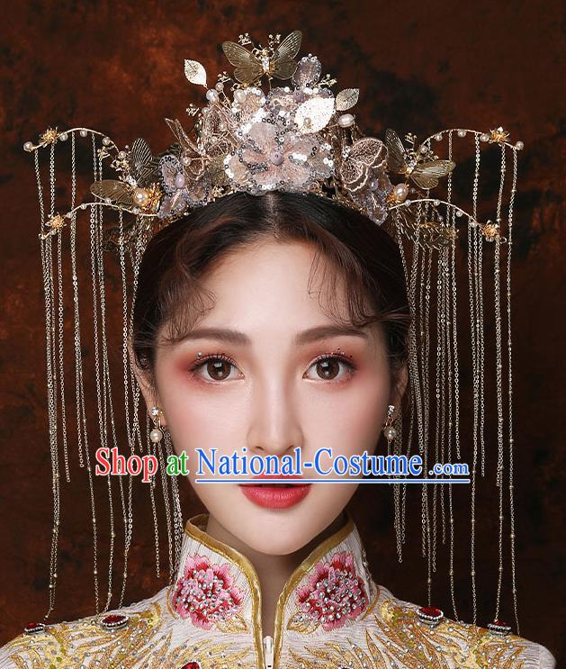 Top Chinese Traditional Bride Golden Hair Crown Handmade Hairpins Wedding Hair Accessories Complete Set