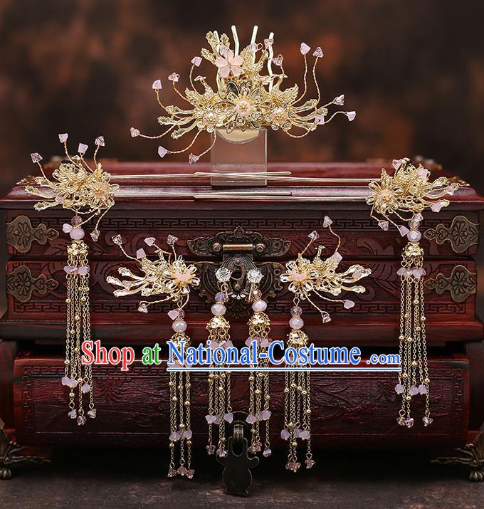 Top Chinese Traditional Bride Golden Hair Combs Handmade Tassel Hairpins Wedding Hair Accessories Complete Set