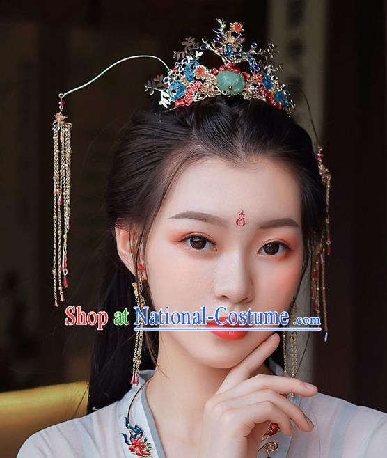 Top Chinese Traditional Bride Jade Lotus Tassel Phoenix Coronet Handmade Wedding Tassel Hairpins Hair Accessories Complete Set