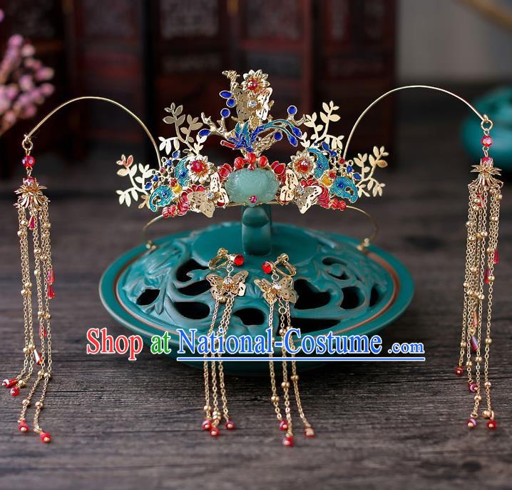 Top Chinese Traditional Bride Jade Lotus Tassel Phoenix Coronet Handmade Wedding Tassel Hairpins Hair Accessories Complete Set