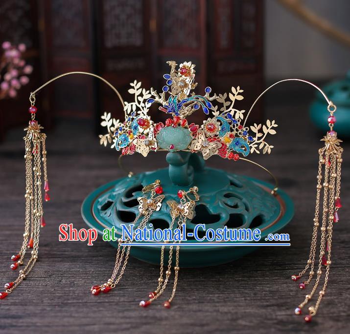 Top Chinese Traditional Bride Jade Lotus Tassel Phoenix Coronet Handmade Wedding Tassel Hairpins Hair Accessories Complete Set