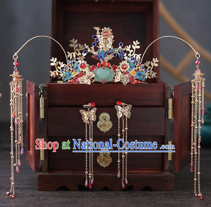 Top Chinese Traditional Bride Jade Lotus Tassel Phoenix Coronet Handmade Wedding Tassel Hairpins Hair Accessories Complete Set