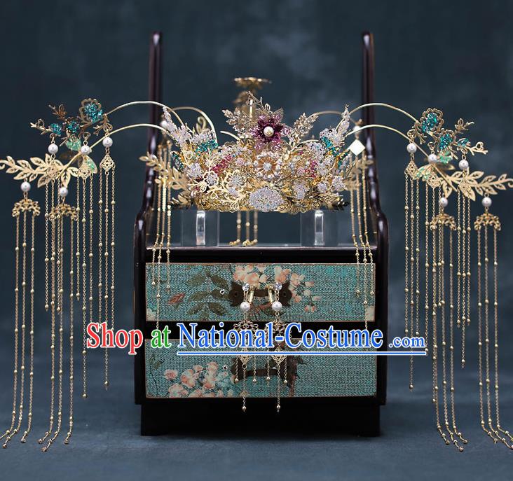 Top Chinese Traditional Bride Tassel Phoenix Coronet Handmade Wedding Tassel Hairpins Hair Accessories Complete Set