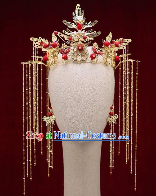 Top Chinese Traditional Bride Red Beads Tassel Phoenix Coronet Handmade Wedding Tassel Hairpins Hair Accessories Complete Set