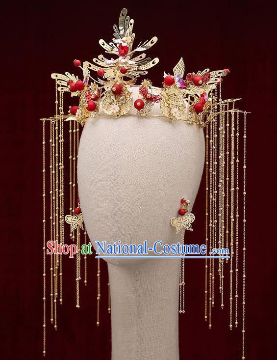 Top Chinese Traditional Bride Red Beads Tassel Phoenix Coronet Handmade Wedding Tassel Hairpins Hair Accessories Complete Set