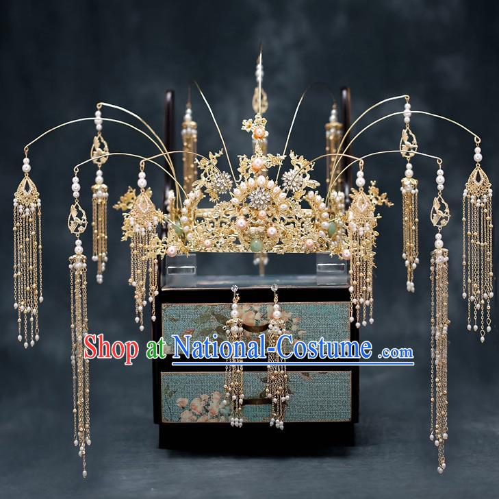 Top Chinese Traditional Bride Luxury Pearls Phoenix Coronet Handmade Tassel Hairpins Wedding Hair Accessories Complete Set