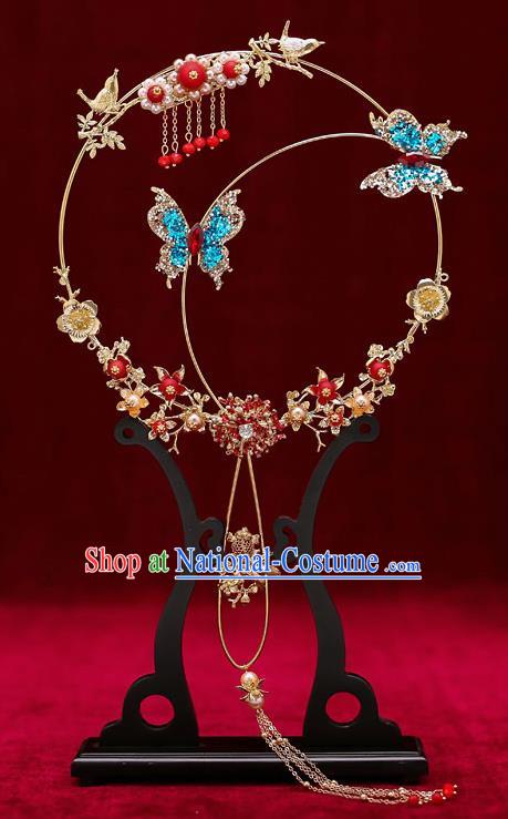 Chinese Traditional Wedding Prop Blue Crystal Butterfly Round Fan Ancient Bride Palace Fans for Women