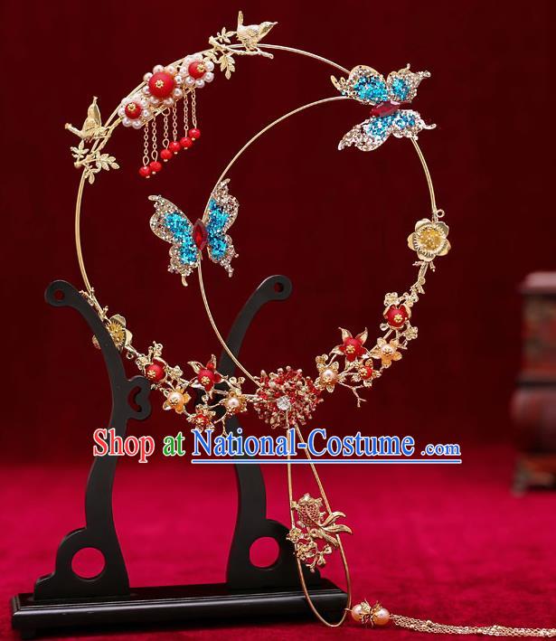 Chinese Traditional Wedding Prop Blue Crystal Butterfly Round Fan Ancient Bride Palace Fans for Women