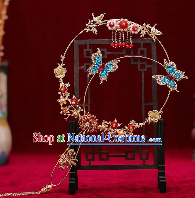 Chinese Traditional Wedding Prop Blue Crystal Butterfly Round Fan Ancient Bride Palace Fans for Women