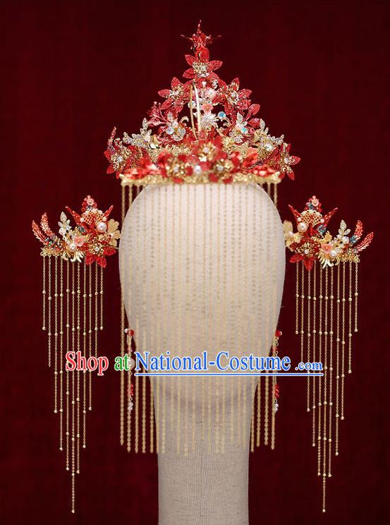 Top Chinese Traditional Bride Luxury Tassel Red Phoenix Coronet Handmade Tassel Hairpins Wedding Hair Accessories Complete Set