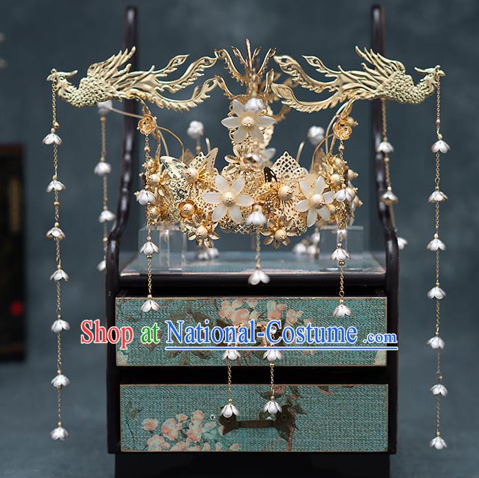 Top Chinese Traditional Bride Luxury Phoenix Tassel Hair Crown Handmade Hairpins Wedding Hair Accessories Complete Set