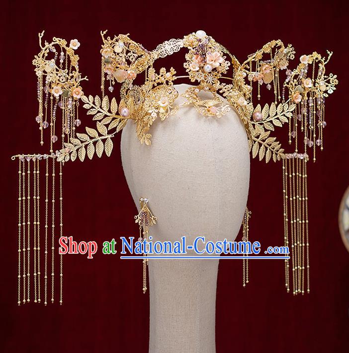 Top Chinese Traditional Bride Deluxe Phoenix Coronet Handmade Hairpins Wedding Hair Accessories Complete Set