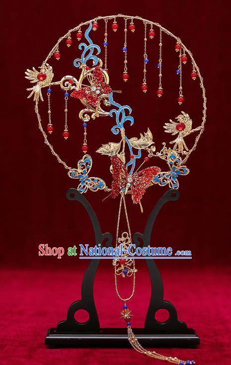 Chinese Traditional Wedding Prop Red Crystal Butterfly Round Fan Ancient Bride Palace Fans for Women