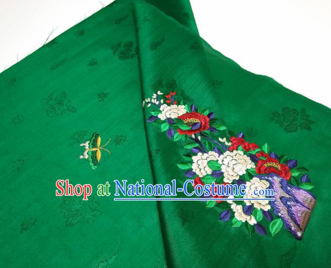 Asian Chinese Traditional Embroidered Peony Butterfly Pattern Design Green Silk Fabric China Hanfu Silk Material