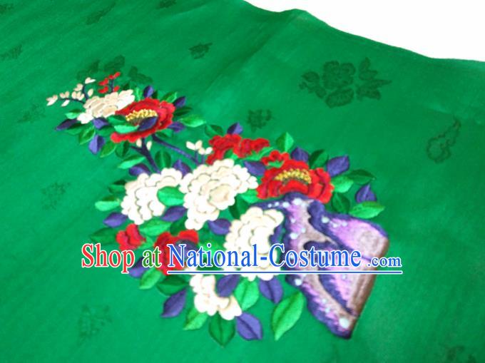 Asian Chinese Traditional Embroidered Peony Butterfly Pattern Design Green Silk Fabric China Hanfu Silk Material