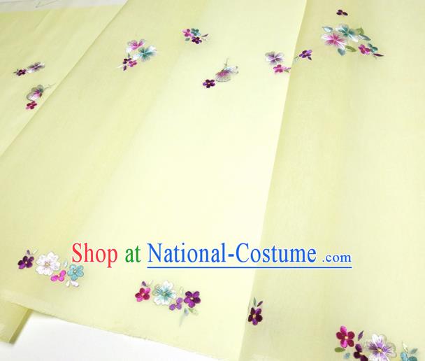 Asian Chinese Traditional Embroidered Butterfly Flowers Pattern Design Yellow Silk Fabric China Hanfu Silk Material