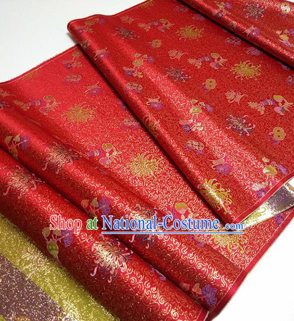 Asian Chinese Traditional Longevity Chrysanthemum Pattern Design Red Brocade Silk Fabric China Hanfu Satin Material