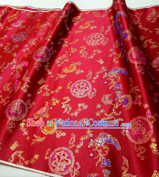 Asian Chinese Traditional Dragon Crane Pattern Design Red Brocade Silk Fabric China Hanfu Satin Material