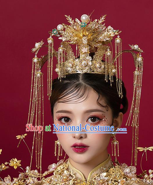 Top Chinese Traditional Bride Golden Luxury Phoenix Coronet Handmade Tassel Hairpins Wedding Hair Accessories Complete Set