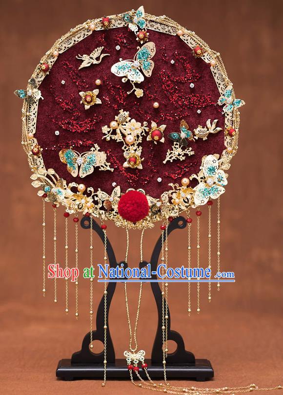 Chinese Traditional Wedding Prop Dark Red Round Fan Ancient Bride Palace Fans for Women