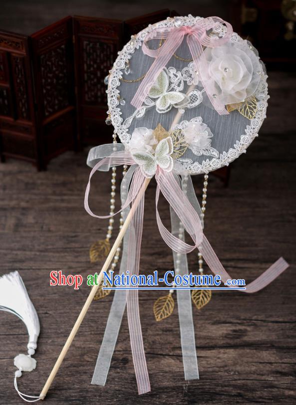 Chinese Traditional Wedding Prop Pink Silk Bowknot Round Fan Ancient Bride Palace Fans for Women