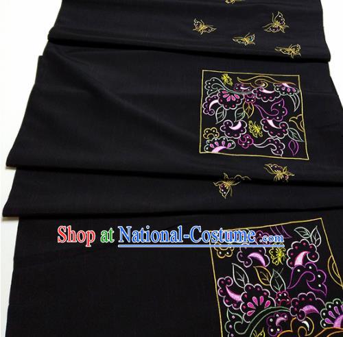 Asian Chinese Traditional Embroidered Butterfly Pattern Design Black Silk Fabric China Hanfu Silk Material