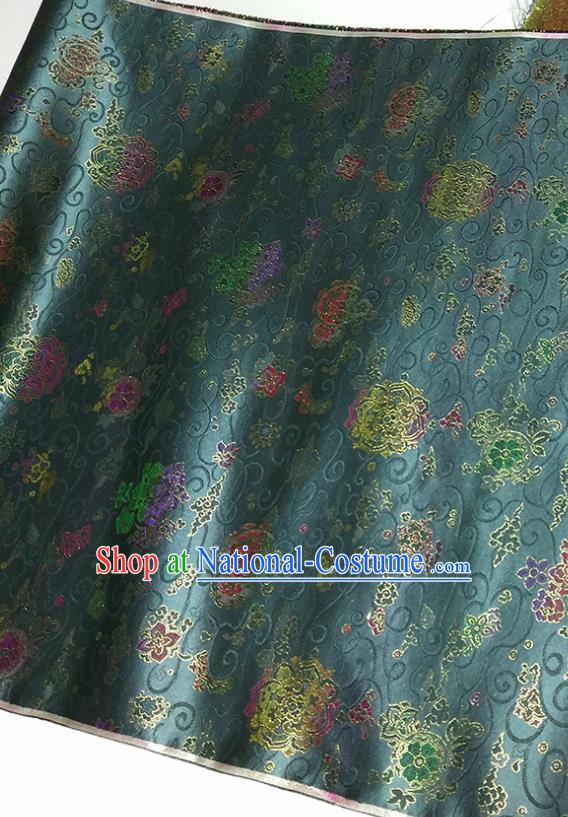 Asian Chinese Traditional Treasure Flowers Pattern Design Peacock Green Brocade Silk Fabric China Hanfu Satin Material