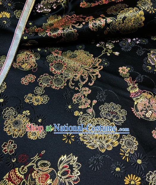 Asian Chinese Traditional Chrysanthemum Pattern Design Black Brocade Silk Fabric China Hanfu Satin Material