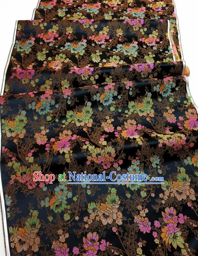 Asian Chinese Traditional Flowers Pattern Design Black Brocade Silk Fabric China Hanfu Satin Material