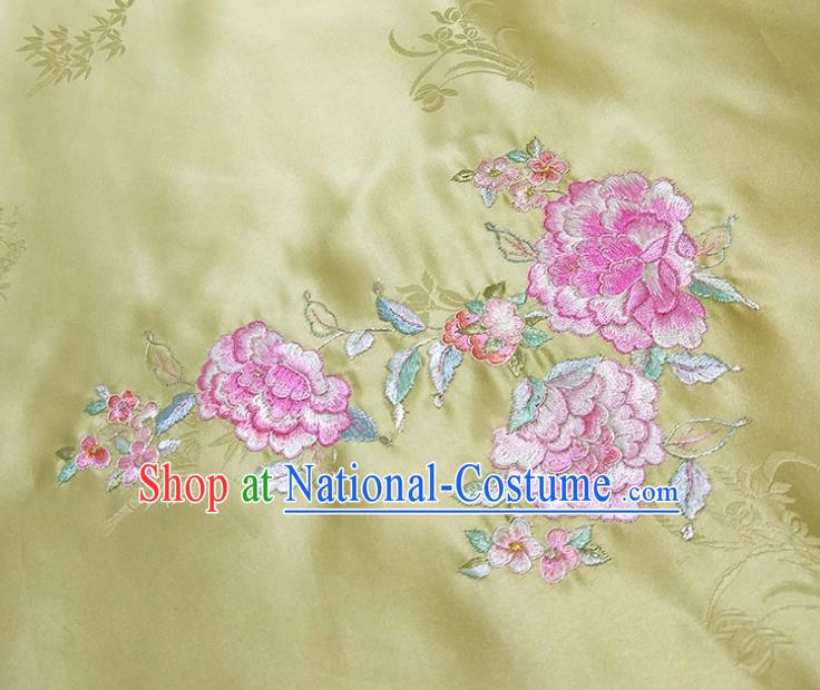 Chinese Traditional Embroidered Peony Pattern Design Light Green Silk Fabric Asian Brocade China Hanfu Satin Material