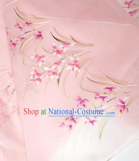 Chinese Traditional Embroidered Orchid Pattern Design Pink Silk Fabric Asian China Hanfu Silk Material