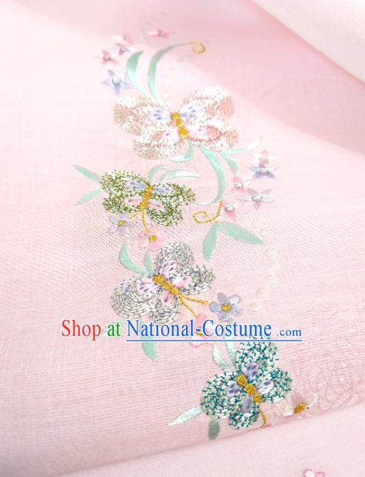 Chinese Traditional Embroidered Butterfly Pattern Design Pink Silk Fabric Asian China Hanfu Silk Material