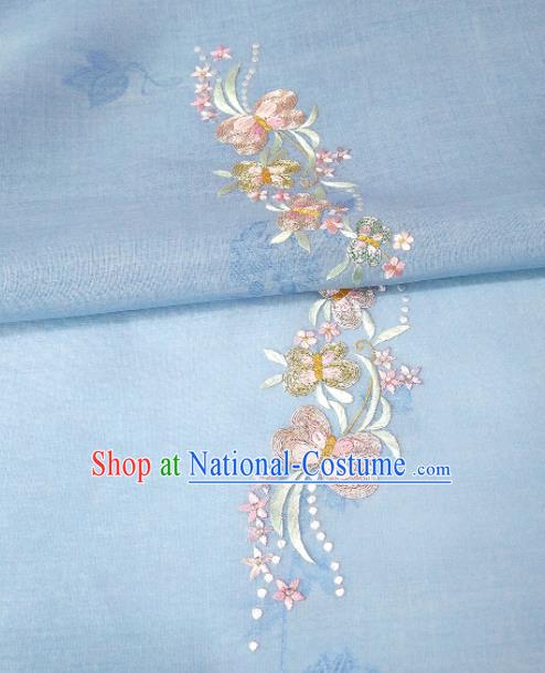 Chinese Traditional Embroidered Butterfly Pattern Design Blue Silk Fabric Asian China Hanfu Silk Material