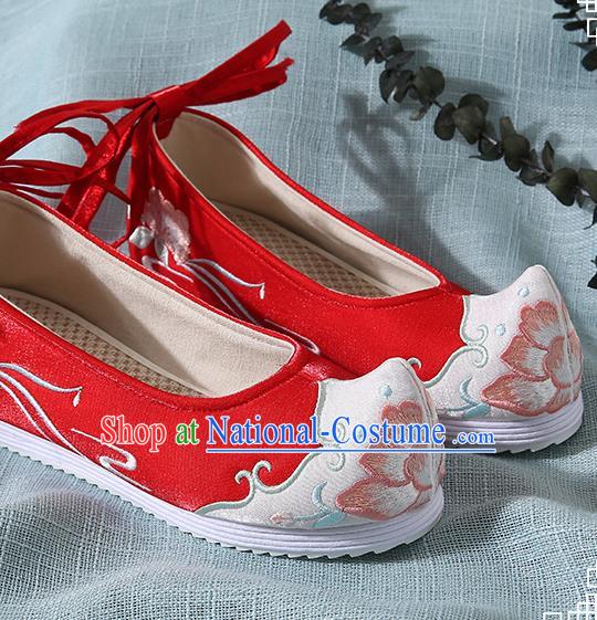 Chinese Handmade Red Embroidered Bow Shoes Traditional Ming Dynasty Hanfu Shoes Princess Shoes for Women