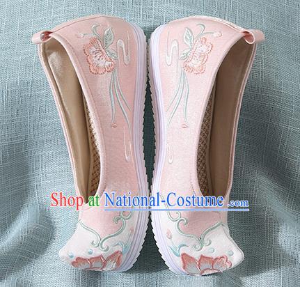 Chinese Handmade Pink Embroidered Bow Shoes Traditional Ming Dynasty Hanfu Shoes Princess Shoes for Women