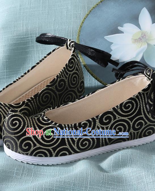 Chinese Handmade Black Brocade Bow Shoes Traditional Ming Dynasty Hanfu Shoes Princess Shoes for Women