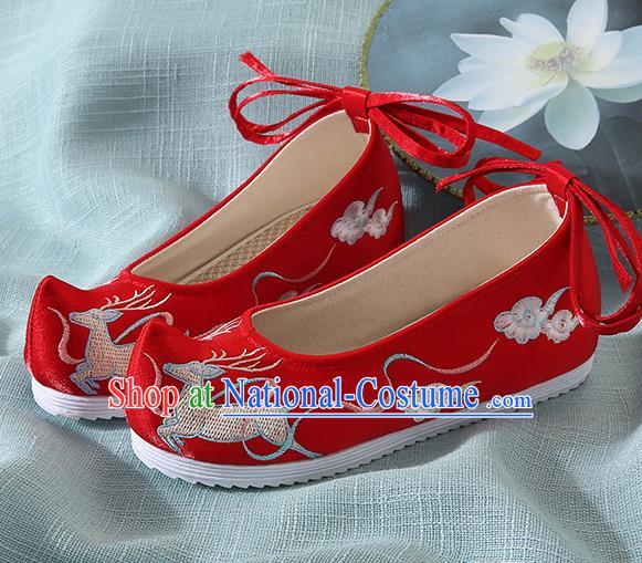 Chinese Handmade Embroidered Deer Red Bow Shoes Traditional Ming Dynasty Hanfu Shoes Princess Shoes for Women