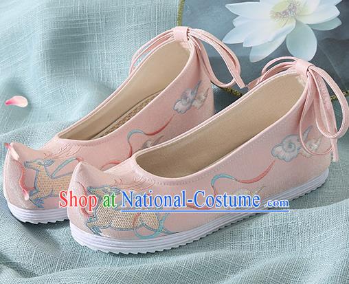 Chinese Handmade Embroidered Deer Pink Bow Shoes Traditional Ming Dynasty Hanfu Shoes Princess Shoes for Women