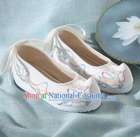 Chinese Handmade Embroidered Deer White Bow Shoes Traditional Ming Dynasty Hanfu Shoes Princess Shoes for Women