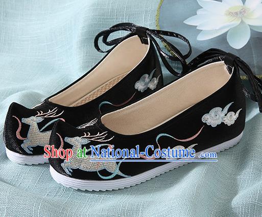 Chinese Handmade Embroidered Deer Black Bow Shoes Traditional Ming Dynasty Hanfu Shoes Princess Shoes for Women