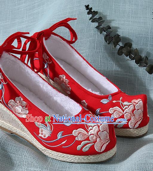 Chinese Handmade Embroidered Winter Red High Heels Shoes Traditional Ming Dynasty Hanfu Shoes Princess Shoes for Women