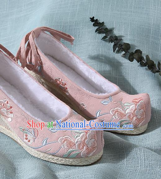 Chinese Handmade Embroidered Winter Pink High Heels Shoes Traditional Ming Dynasty Hanfu Shoes Princess Shoes for Women