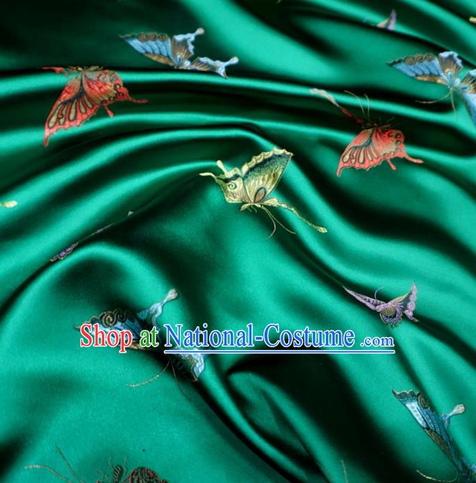 Chinese Traditional Colorful Butterfly Pattern Design Deep Green Brocade Fabric Asian Satin China Hanfu Silk Material