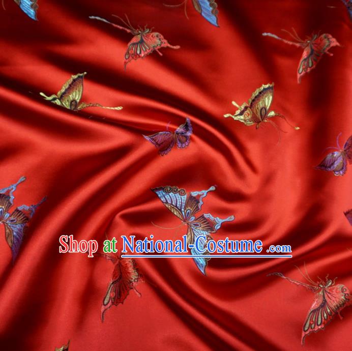 Chinese Traditional Colorful Butterfly Pattern Design Red Brocade Fabric Asian Satin China Hanfu Silk Material