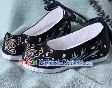 Chinese Handmade Embroidered Butterfly Black Shoes Traditional Ming Dynasty Hanfu Shoes Princess Shoes for Women