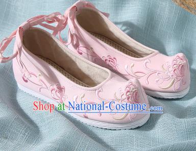 Chinese Handmade Embroidered Chrysanthemum Pink Bow Shoes Traditional Ming Dynasty Hanfu Shoes Princess Shoes for Women