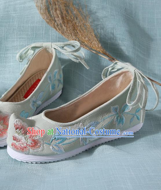 Chinese Handmade Embroidered Peony Light Green Bow Shoes Traditional Ming Dynasty Hanfu Shoes Princess Shoes for Women